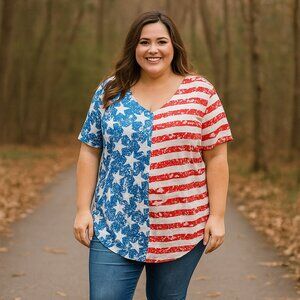Roshop Patriotic Flag Women XL‎ 1/4 Button Short Sleeve Lagun Popover Artsy Top